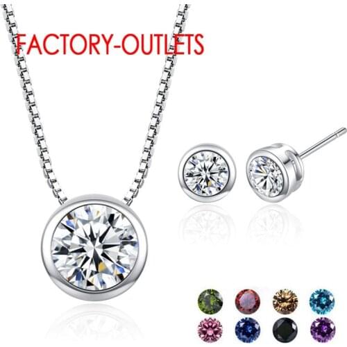 925 Sterling Silver Pendant Necklace Stud Earrings 9 Colours Fashion Jewelry Set CZ Crystal Women Girls Party Engagement