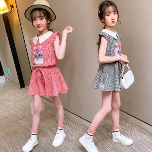Girls Clothes Set Summer Cartoon Plaid Vest & Short Skirt 2 PCS Children Clothing For Girls Teen Kids Clothes 4 6 8 10 12 Years