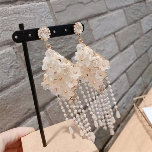 Korean Fashion Flower Tassel Earrings Crystal Pearl Drop Earring Luxury Jewelry Trendy Long Earrings for Women Wholesale