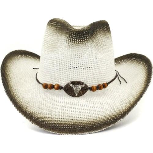 QBHAT Black Paint Spraying Men Women Paper Straw Cowboy Hat with Cow Head Decor Summer Large Brim Beach Sun Cap Travel Sunhat