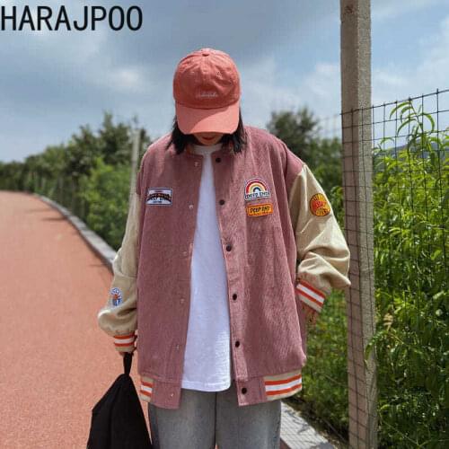 Harajpoo Women Jacket Fall New Harajuku Style Embroidery Tool Baseball Uniform Corduroy Coat Color Matching Loose Casual Tops