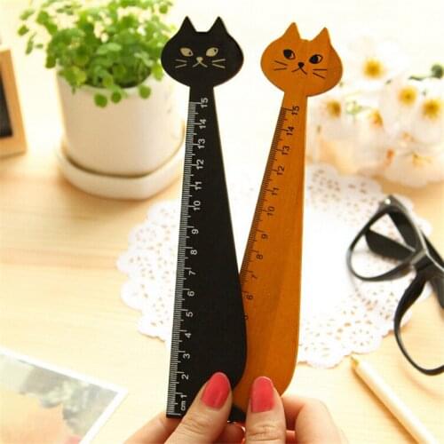 15cm 1 PC Lovely Cat Shape Ruler Cute Wood Animal Straight Ruler Gift For Kids School Supplies Stationery Black Yellow