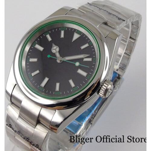 BLIGER NH35A 36mm Polish Bezel Mechanical Men Watch Green Second Hand Brushed Strap Flat Sapphire Crystal