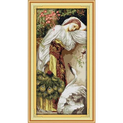 The Girl and Goose Painting Counted Cross Stitch Kits 14CT 11CT Printed DMC Cross-stitch Patterns DIY Embroidery Needlework Sets