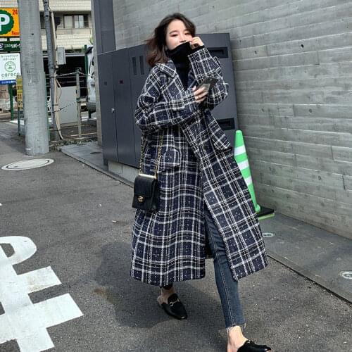 New Autumn Winter Women Long Wool Blends Jackets Women Loose Tweed Plaid Jackets Trench Coats Outerwear Oversize