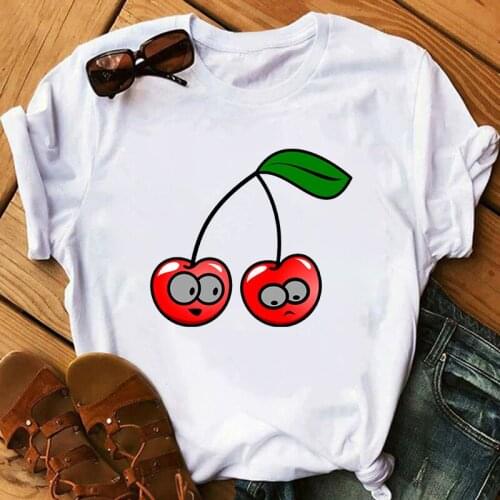Summer New Cherry Pink Cute print ladies Casual Tshirt Tops Short Sleeve Basic Tees Korean T-shirt Femme Streetwear Top T