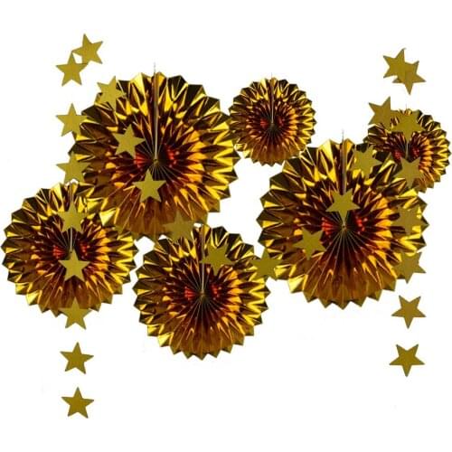 New Mixed Size Gold Set Hanging Paper Fans Glitter Stars Banner For Kids Birthday Baby Boy Girl Baptism Party Decoration