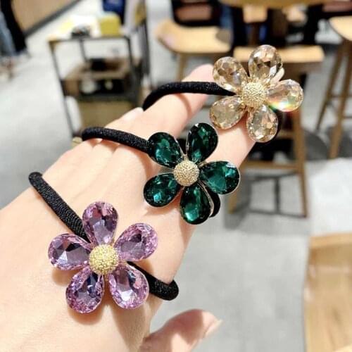 Women Crystal Hair Ties Elastic Hair Bands Full Rhinestone Flower Rubber Bands Hair Accessories Ponytail Holders Gums Wholesale