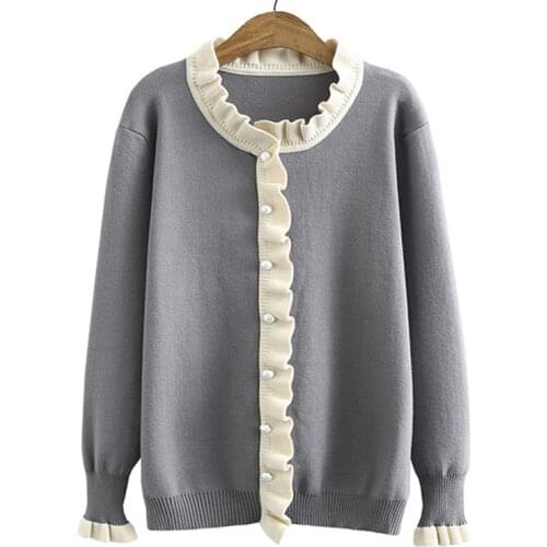 Autumn Winter Womens Jumper Fashion New Regular Collar Pullovers Beading Placket Tops Flare Sleeve Plus Size Sweater XL/3XL
