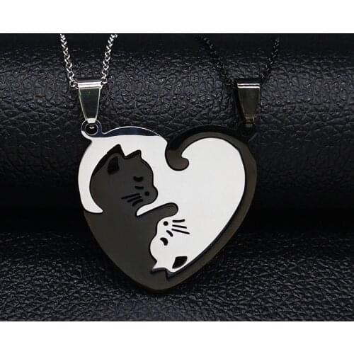 2 pcs Cut Cat Stainless Steel Couple Necklace Women Black Silver Color Necklace Jewelry Christmas Gift gargantilla N19812