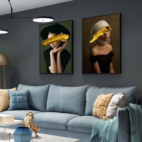 Portrait Modern Flower Girl Gold Woman Canvas Oil Painting Wall Poster Art Prints for Living Room Home Decor Print on Canvas