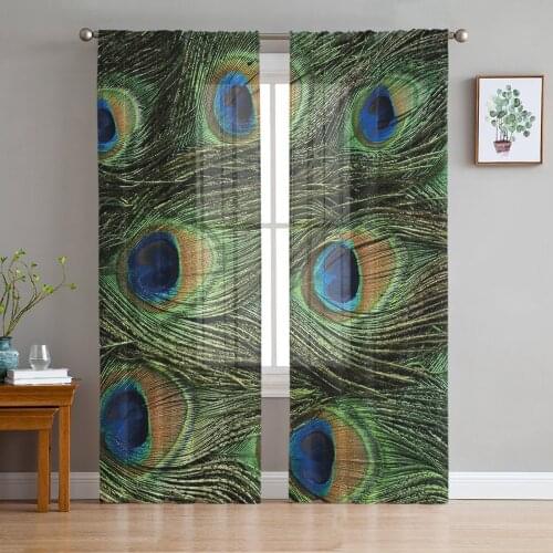 Green Animal Peacock Feather Sheer Curtains for Living Room Bedroom Kitchen Tulle for Windows Voile Drapes Home Decoration