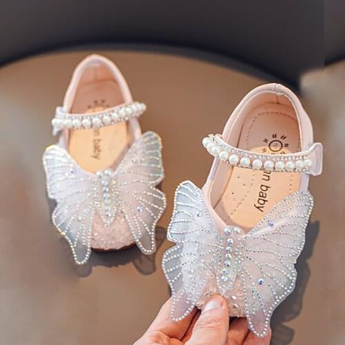 Flower Children Toddler Baby Princess Dress Shoes For Little Girls Butterfly Rhinestone Pearls Wedding Party Dance Shoes Crystal