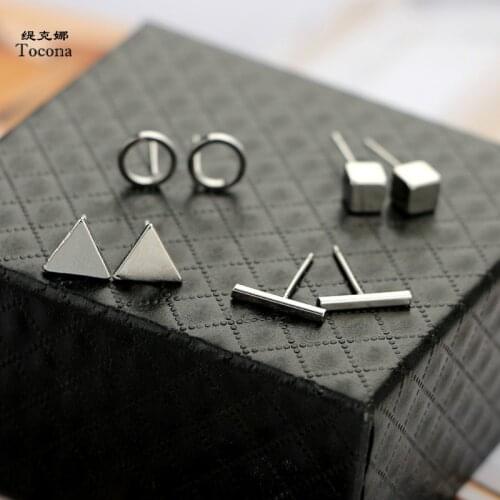 Tocona Trendy 4pair/Set Geometric Triangle Round Square T Bar Stud Earring for Women Fashion Gold Black Silver Color Earrings