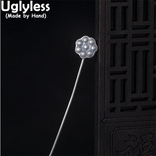 Uglyless Thai Silver Lotus Long Pins for Men Elegant Business Suits Dress Brooch Ethnic 925 Silver Vintage Jewelry Women Bijoux