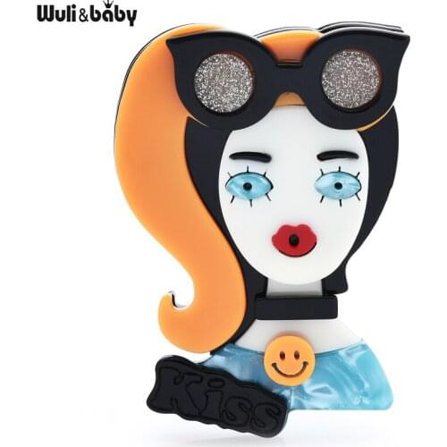 Wuli&baby Pilot Girl Brooch Pin Gift For Women Modern Glass Golden Hair Girl Brooches Acrylic Jewelry Accessory