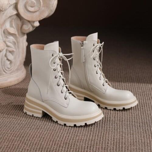 Winter Genuine Leather Round Toe Chunky Heel Women Boots Fashion ZIP Female Boots 2021 ANKLE Boots Platform Shoes Women Shoes