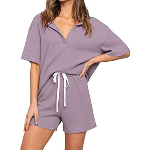 Women Half Sleeve Solid Color Two Piece V Neck Drawstring Outfit T-shirt Shorts Set for Lounge sets womens outfits summer 2021