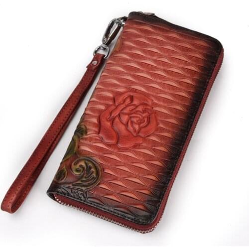 Rose Painting Wallet Women Cowhide Leather Clutch Purse Long Design Phone Bag Wallet Female Handy Clutches Lady Coin Bag Wallet