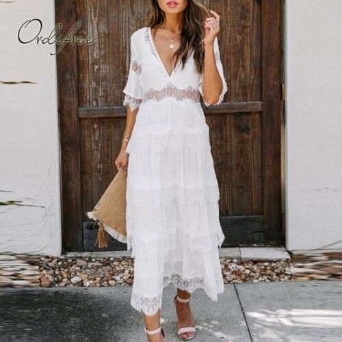 Ordifree 2021 Summer Women Maxi Cake Dress Short Sleeve Vintage Sexy White Lace Vocation Tunic Long Beach Dress