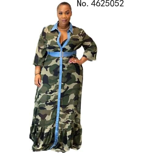 5XL-S 2021 Womens Long Sleeve Lapel Single Breasted Fashion Casual Camouflage Printing Floor Long Shirt Dress