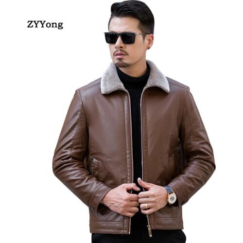 Winter Black Fleece Parka Coat Men Leather Jacket Overcoat Plus Velvet Warm Fur Collar Large Size Soft PU Business Outwear