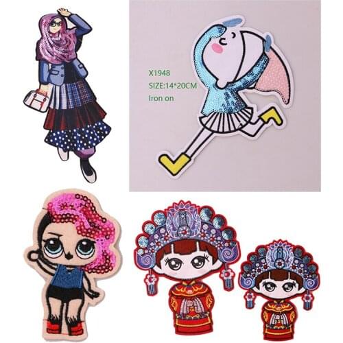1 Pcs Cute girl sequin icon Embroidered Iron on Patches for Clothing DIY Stripes Clothes Patchwork Stickers Custom Badges
