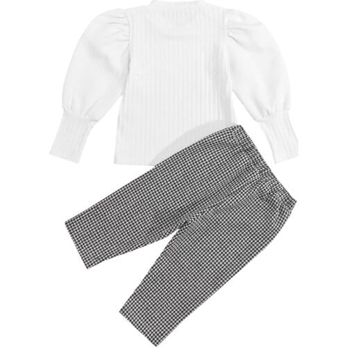 New Kids Spring Fall Casual 2Pcs Outfits, Girls Solid Color Puff Sleeve Round Neck Pullover Tops+Plaid Print Pants, 1-6Years