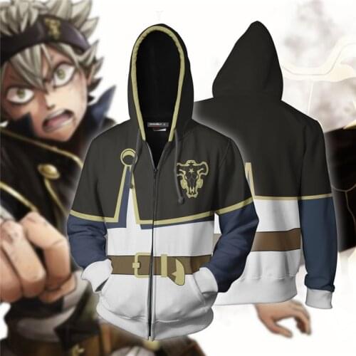 Anime Black Clover Hoodie With Zip Unisex 3D Printed Asta Five Leaf Clover Sweater Halloween Cosplay Costume