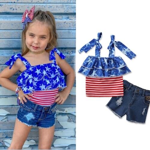 Independence day Kid Baby girl Clothes Set Children Fashion Star Striped Printed Sleeveless T Shirts Tops Denim Shorts 1-6Y