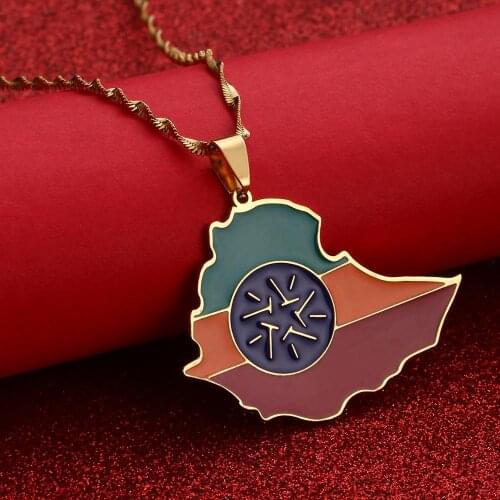Ethiopia Map Flag Pendant Necklaces for Women Men Gold Color Ethiopian Maps Jewelry Patriotic Gift