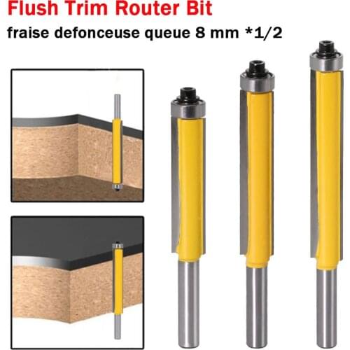 1pc 8mm Shank 1/2" Flush Trim Router Bit with Bearing for Wood Template Pattern Bit Tungsten Carbide Milling Cutter for Wood set