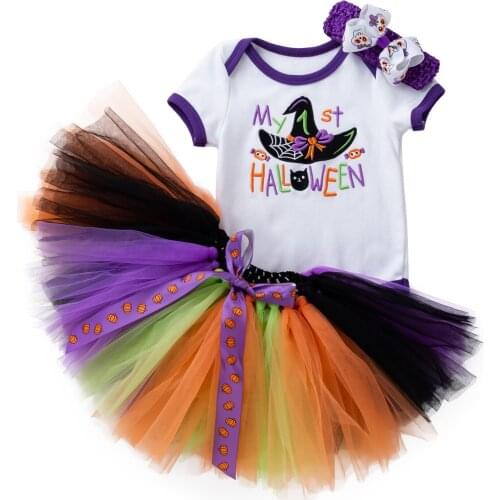 Infant Baby Girls Halloween Clothes Set, Embroidery Pattern Romper, Yarn Skirt and Headdress, Purple/ Orange