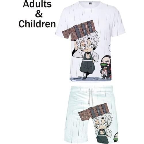 Hot Sale 3D Comic Demon Slayer Kids Two-piece Sets Fashion Kimetsu no Yaiba T shirt+shorts Men Suits Boys Girls Summer Clothing