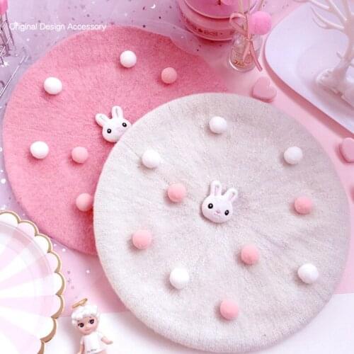 Soft sister Sweet Biscuits Hat Beret Wool Hat Painter Hat Rabbit Spring & Autumn New Side Folder Hairpin Lolita Hair Accessories