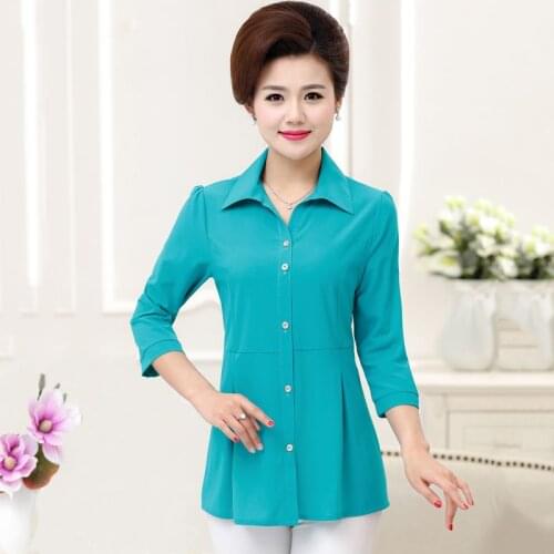 Solid Color Three Quarter Sleeve Women Shirts Tops 2021 Spring Fall New Fashion Mother Large Size Womens Lapel Bottom Blouses