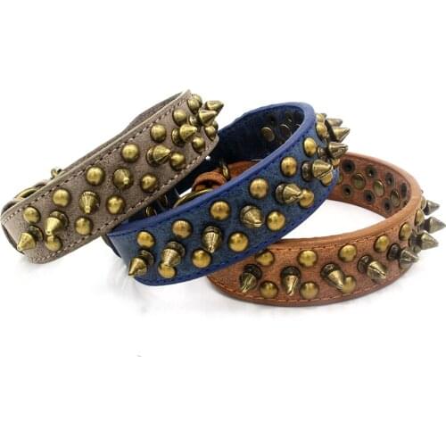 Spiked Leather Dog Collar Pitbull Bulldog Retro PU Anti-biting Collar For Dogs Puppies Bronze Studded Pet Necklace Lead Leash