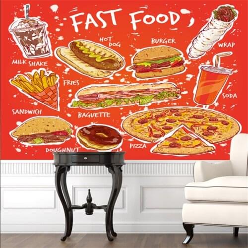 Custom Hand Drawn Top Ten Classic European and American Fast Food Products Mural Wall Paper Restaurant Snack Bar Wallpaper 3D