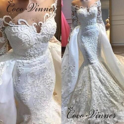 Beaded Lace Appliques Dubai Luxury Wedding Dress 2021 White Mermaid Wedding Dresses With Detachable Tail Bride Gown W0625