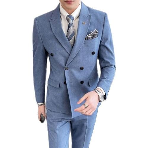 Jacket + Vest+ Pants ) High-end Brand Groom Wedding Dress Performance Mens Suit 3Pces Set Formal Business Double-breasted Suit