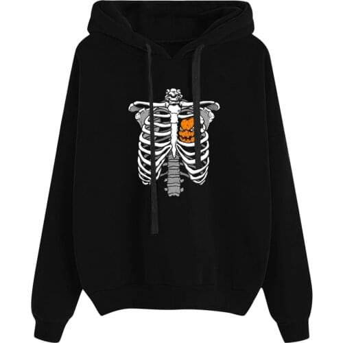 Funny Skeleton Printed Hooded Sweatshirt Ladies Harajuku Fleece Long Sleeve Hoodies Tops Korean O Collared Pullover Sudaderas