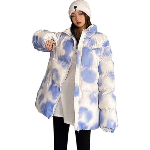 Cotton Clothing 2021 New Female Tie-dye Letters Bread Clothing Loose Stand Collar Winter Thick Women Down Cotton Jacket OK886