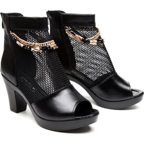 Woman Fish mouth Sandals Shoes Summer Pumps High Heels Thick Peep Toe sexy black shoes Zip Fashion Hollow Solid Gladiator Plus