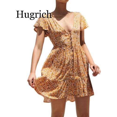 2020 Boho Casual Print Floral Dress Women Summer Floral Party Evening Beach Short Mini Dress Sundress