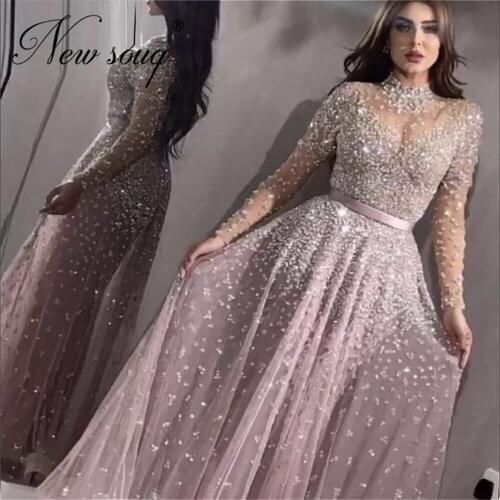 Pink Dubai Beaded Evening Gowns For Weddings Customize 2020 Sequins Prom Dress African Robe De Soiree AibyeParty Dresses Kaftans