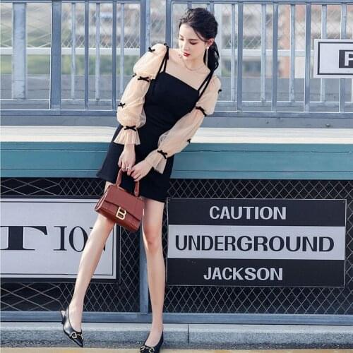 Spring Summer French Women stereoscopic bow-knot black Dress Net yarn patchwork Suspender skirt Evening Dresses Long sleeve