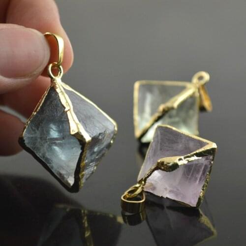 10pcs Natural Fluorite Octahedron Pendant Gold Color Fashion Women Jewelry