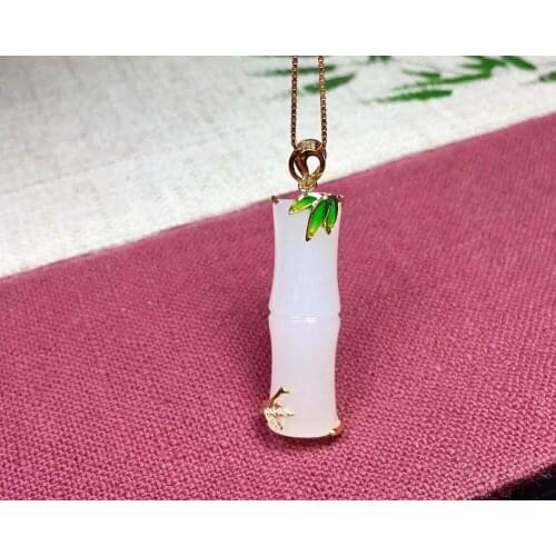 18K gold inlaid Hetian white jade bamboo pendantJ57