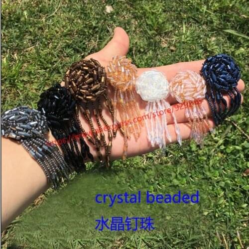 4pcs/lot grey beads tassel pink crystal beaded applique for haridress black gold beads patch with fringes for garment accessory