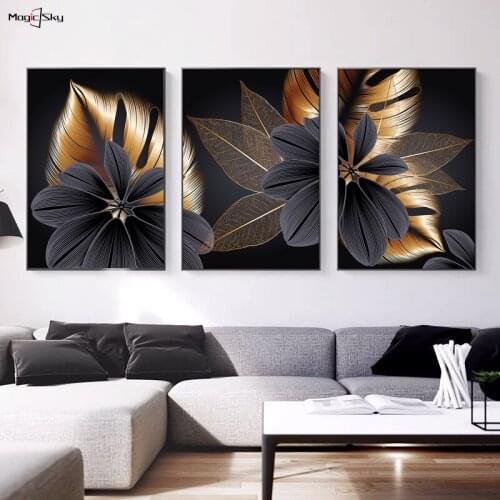 Aesthetic Abstract Black Golden Plant Leaf Canvas Painting Modern Posters and Prints Nordic Wall Art Living Room Home Decoration